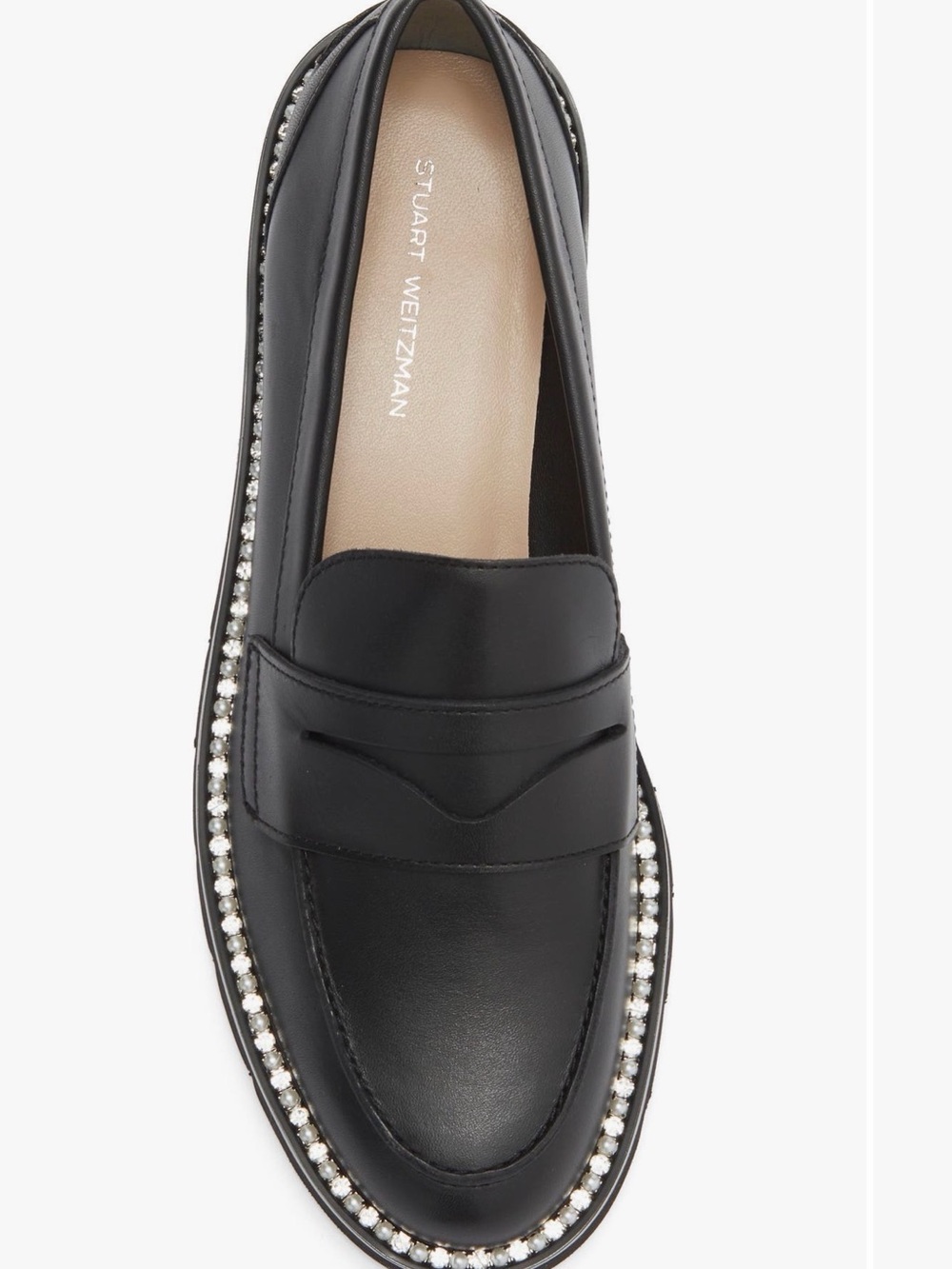 Stuart Weitzman Monty Black Leather Pearl Trim Penny Loafers Size 7 NWOB